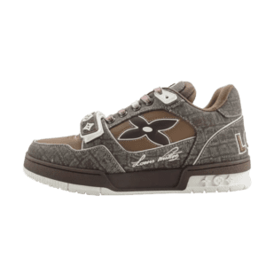 Louis Vuitton Trainer Limited Edition low-cut casual board shoes in brown and gray, featuring signature logo and intricate design, highlighting luxury sneaker aesthetics.