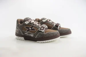 Louis Vuitton Trainer limited edition low-cut casual board shoes in brown and grey, featuring signature logo and stylish design elements, showcased for e-commerce purchase.