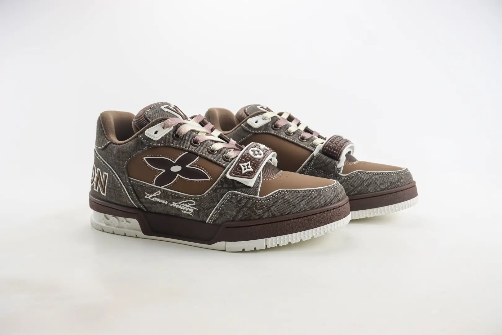Louis Vuitton Trainer limited edition low-cut casual board shoes featuring a brown and gray design, logo detail, and lace-up closure, displayed for sale at $179.00.