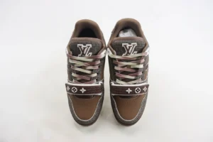 Louis Vuitton Trainer limited edition low-cut casual board shoes in brown with signature logo and multi-colored laces, showcasing luxury sneaker design.