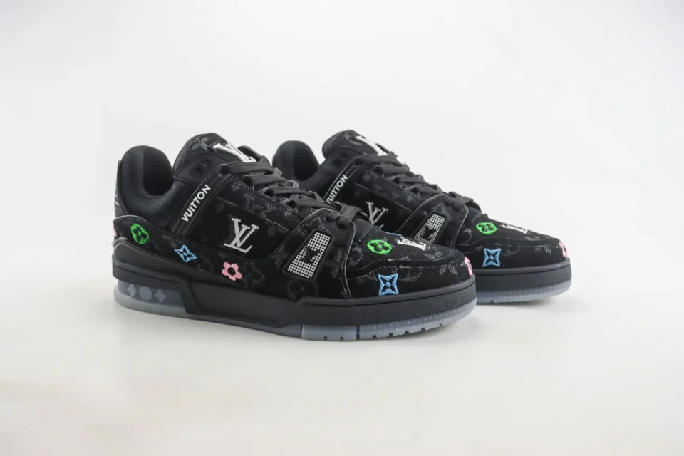 Louis Vuitton Trainer Sneaker 1A8RCS black colorway monogram canvas and leather material shoes