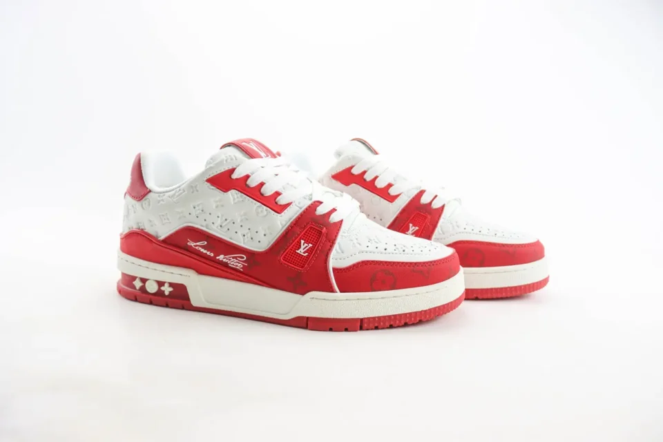 Louis Vuitton Trainer Sneaker white red leather embossed monogram sneakers