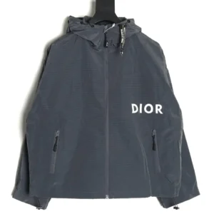 Dior Men's Technical Fabric Hooded Jacket in dark gray with prominent white logo, featuring a zip front and side pockets, showcased as a stylish outerwear option.