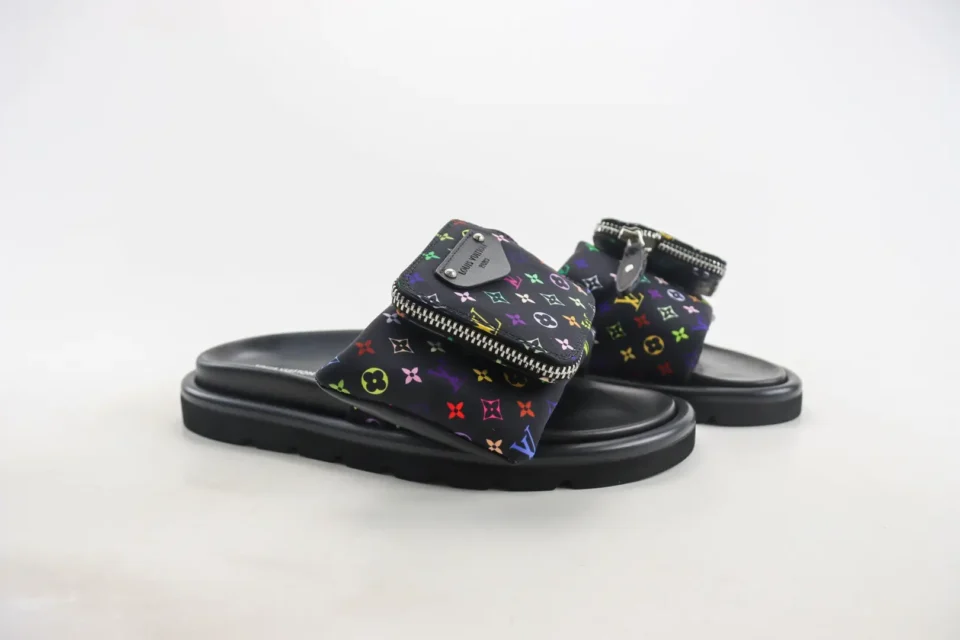 Louis Vuitton Pocket Slide sandals black multicolor monogram nylon with leather sole slip-ons