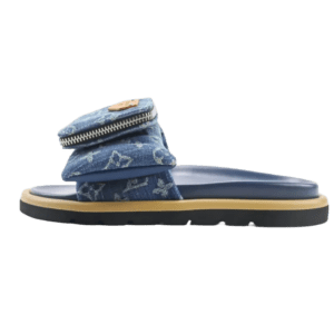 Takashi Murakami x Louis Vuitton leather round toe flip flops in blue denim with zip pocket detail, showcasing luxury footwear design for indoor and outdoor wear.