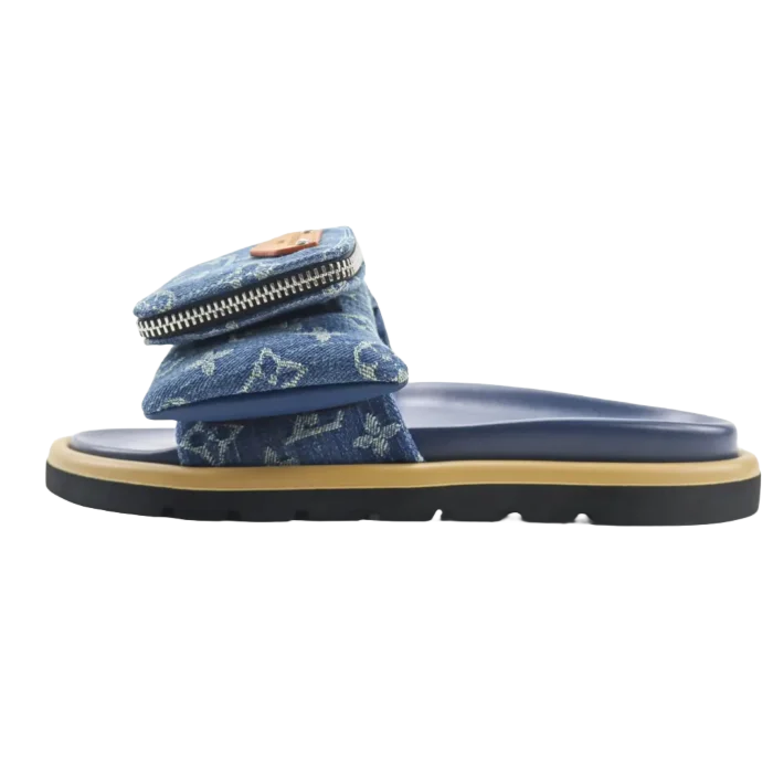 Louis Vuitton Mini Beach Slide denim monogram canvas navy leather double pouch sandals