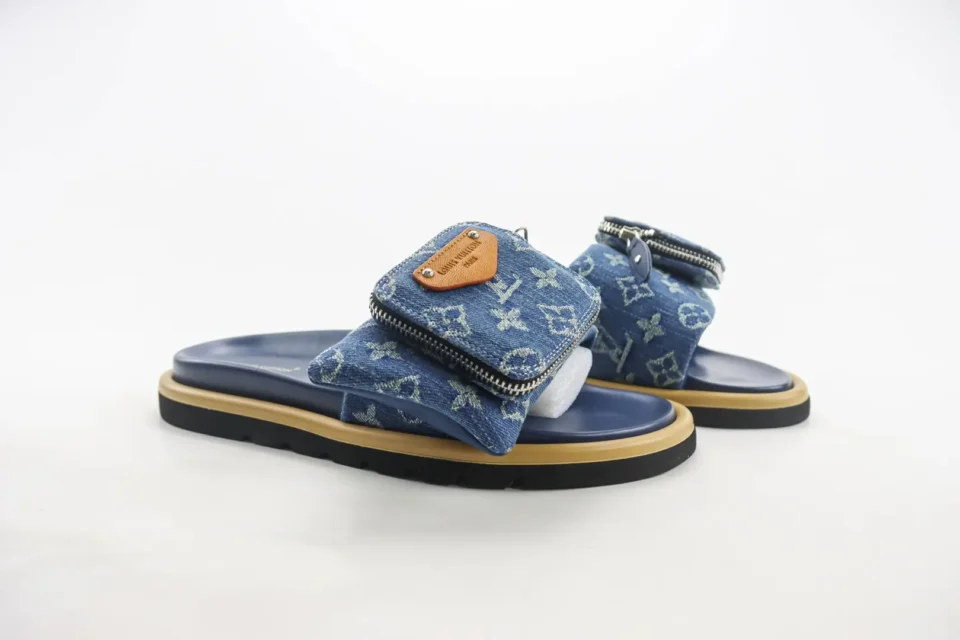Louis Vuitton Pocket Slides blue monogram denim slides with leather sole and zippered pouch detail