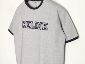 Celine logo t-shirt gray cotton fabric navy blue trim short sleeves casual wear