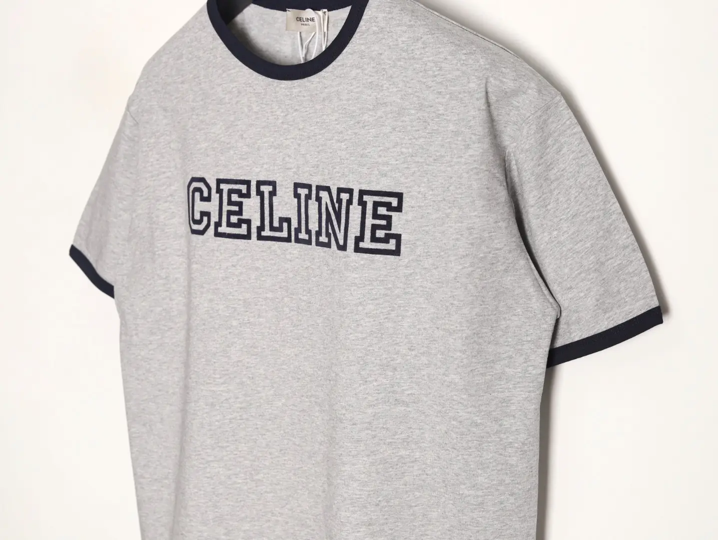 Celine logo t-shirt gray cotton fabric navy blue trim short sleeves casual wear