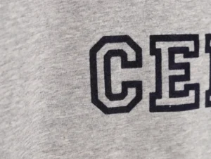 Repsgoat crewneck sweatshirt gray cotton fabric printed "CE" letters close-up detail