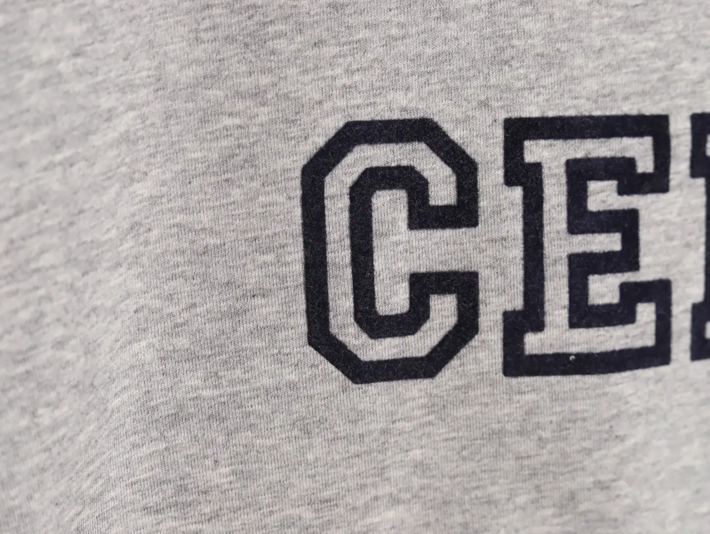 Repsgoat crewneck sweatshirt gray cotton fabric printed "CE" letters close-up detail
