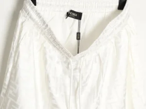 Fendi FF Dark Pattern Jacquard Beach Shorts showcasing the brand label and intricate design details, ideal for summer fashion.