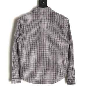 MIU MIU Brown Blue Fine Grid Long Sleeve Shirt displayed from the back, showcasing its checked pattern and fitted design, suitable for luxury fashion enthusiasts.