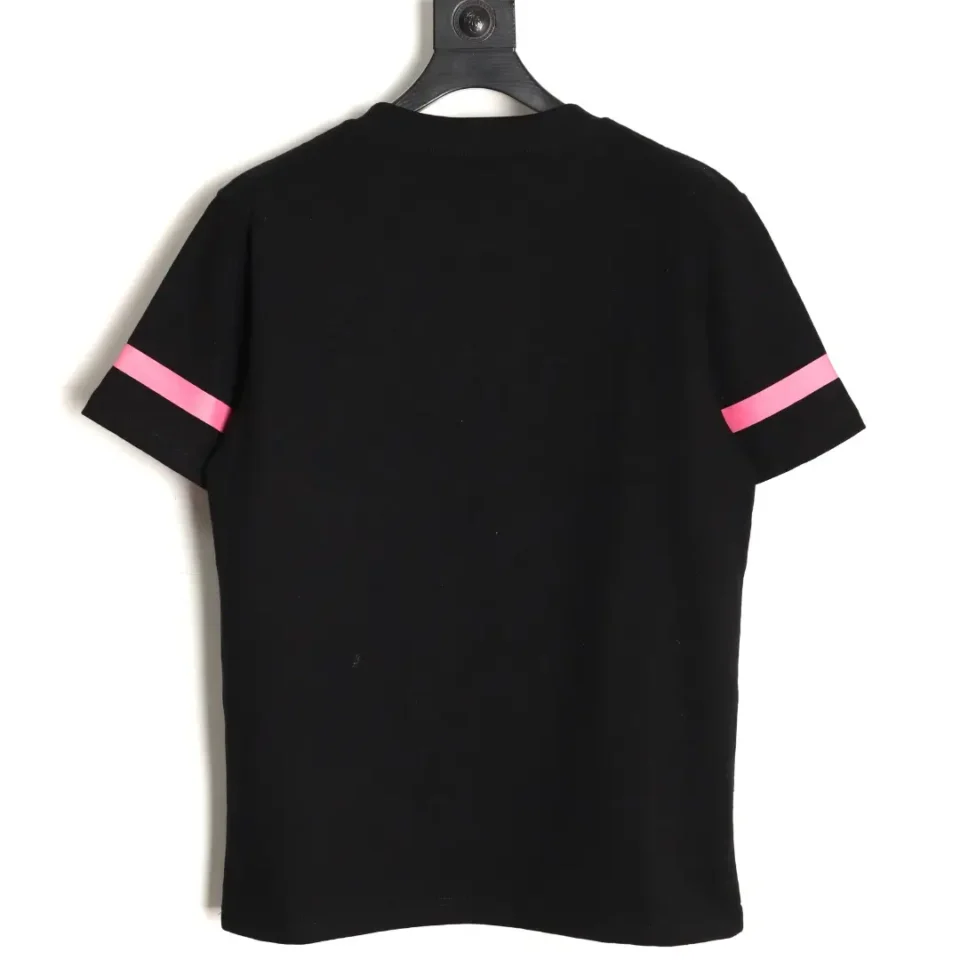 Given the example product types and guidelines but this image is a black short sleeve shirt with pink stripes near the sleeve edges, it doesn't fit the categories of watches, sneakers, bags, or accessories as defined. If this is intended as a clothing product, no specific brand or model is visible in the image to apply the rules fully. Please provide brand, model, or product type to create the optimized alt text or clarify if you'd like a generic description for apparel.