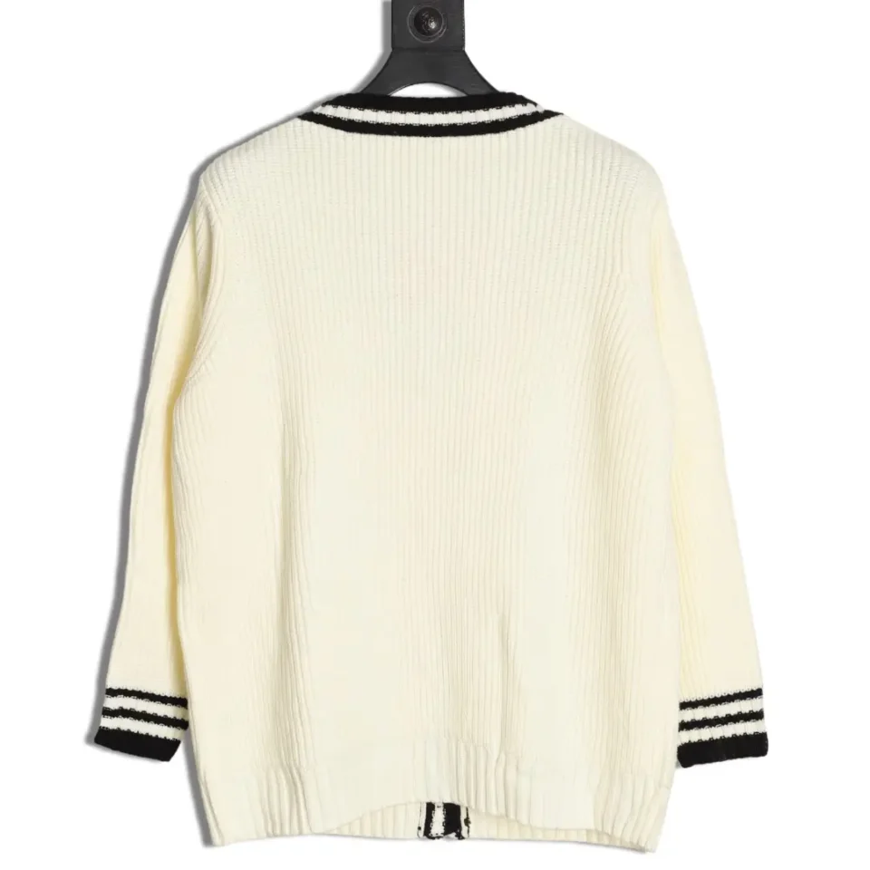 Repsgoat knitted cardigan cream black trim ribbed cotton sweater back view