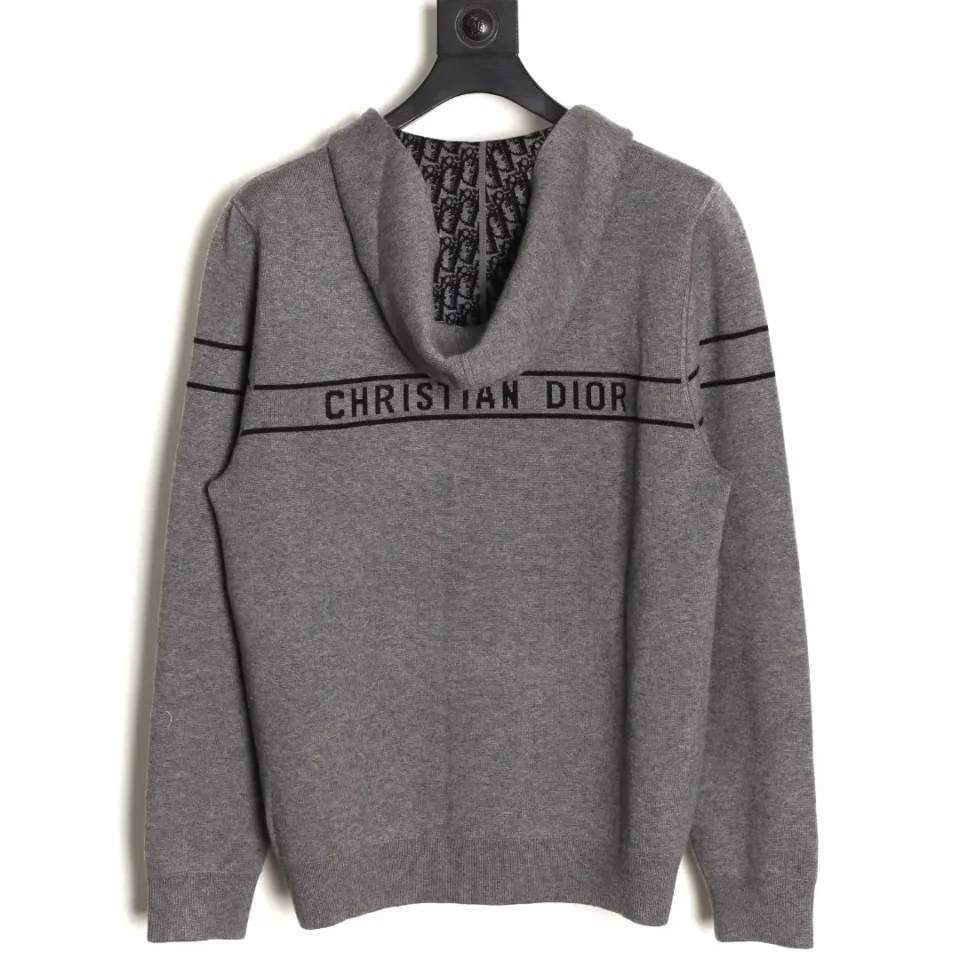 Christian Dior hoodie gray cotton knit pullover with logo stripe design on back and sleeves