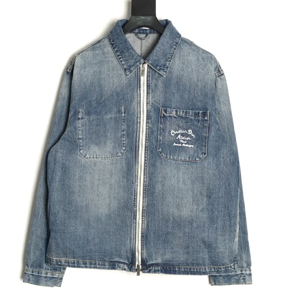 Dior denim jacket blue cotton with front zip and chest pockets embroidered logo