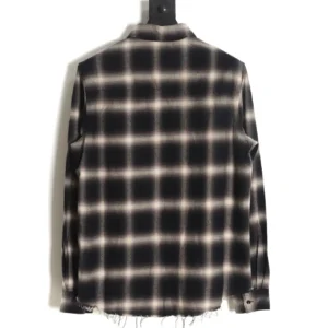No brand or product type visible for this black and white checkered distressed fabric shirt back view