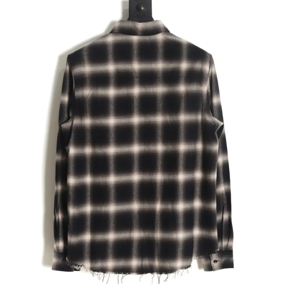 No brand or product type visible for this black and white checkered distressed fabric shirt back view
