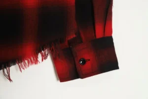 Repsgoat Plaid Shirt red black cotton fabric with frayed hem and buttoned cuff