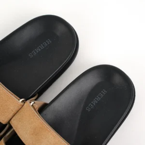 Hermes sandals tan suede straps black leather footbed slip-on slides