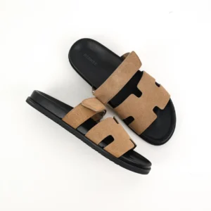 Hermes Oran sandals tan suede straps black rubber sole slip-on footwear