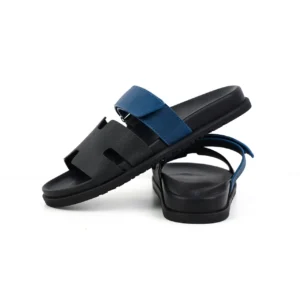 Hermes Oran sandal black blue calf leather slides with adjustable strap and rubber sole