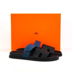 Hermes Oran Slide sandals black navy blue calfskin leather slip-on sandals with orange box