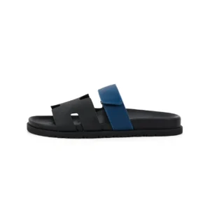 Hermes Oran sandals black blue leather slides with adjustable strap and cushioned sole