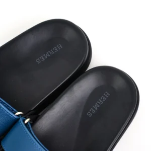 Hermes slides blue leather strap black footbed sandals with silver hardware detailing