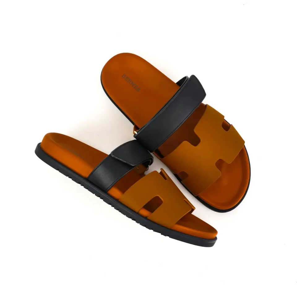 Hermes men's sandals brown black leather slides with adjustable strap and rubber sole