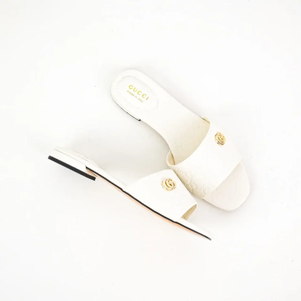 Gucci slide sandals white leather with gold double G logo flat slip-on shoes