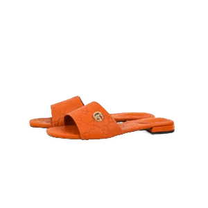 Gucci Double G women's slippers in orange sheepskin leather, featuring iconic double-G logo and stylish design, ideal for luxury footwear enthusiasts.