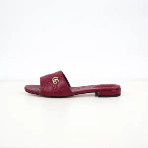 Gucci Slide Sandal GG010 red leather embossed with double G gold hardware flat slip-on sandal