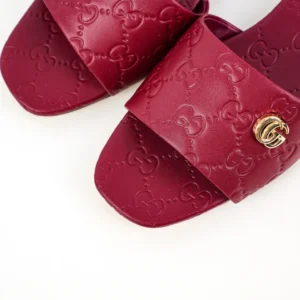 Gucci GG Slide Sandal red leather embossed monogram gold double G buckle luxury footwear