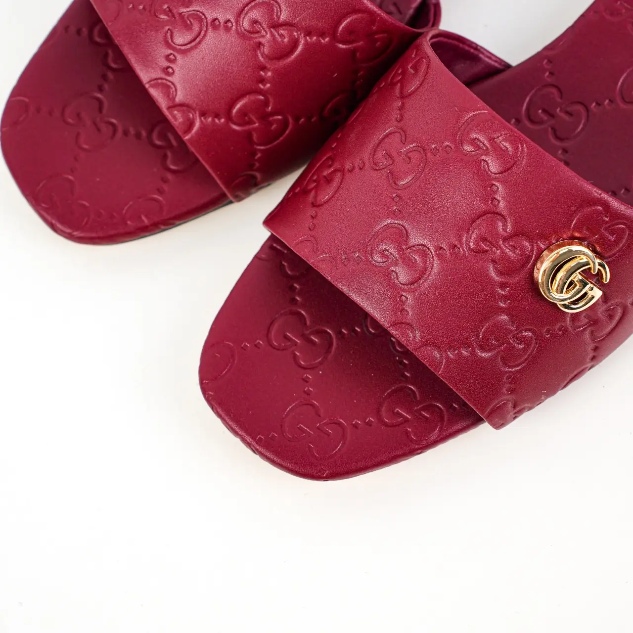 Gucci GG Slide Sandal red leather embossed monogram gold double G buckle luxury footwear