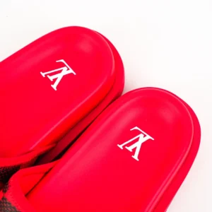 Louis Vuitton Miami Damier Round Head One Word Slippers with red soles featuring iconic LV logo.
