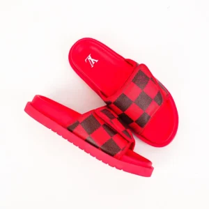 Louis Vuitton Miami Damier Round Head One Word Slippers in red and black checker pattern, showcasing luxury design and style.