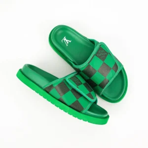 LV Miami Damier Round Head One Word Slippers in green and black checkerboard pattern, featuring Louis Vuitton branding, designed as luxury replica footwear.