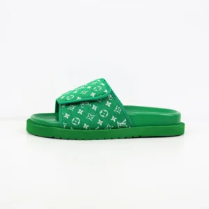 Louis Vuitton Slide Sandal green monogram fabric with adjustable strap and rubber sole slippers
