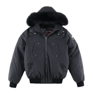 Moose Knuckles bomber jacket black nylon with black fur trim hood heavy insulated winter coat