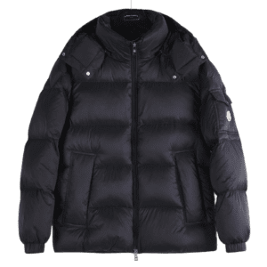 Moncler Maya black nylon puffer jacket with detachable hood and logo patch on sleeve