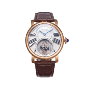 Cartier Rotonde de Cartier white dial rose gold case brown leather strap watch