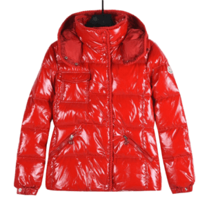 Moncler Second Generation small waist jacket in glossy red with black details and a hood, showcasing a stylish design ideal for winter wear.