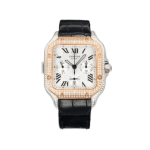 Cartier Santos 100 Chronograph white dial rose gold diamond bezel stainless steel watch with black leather strap