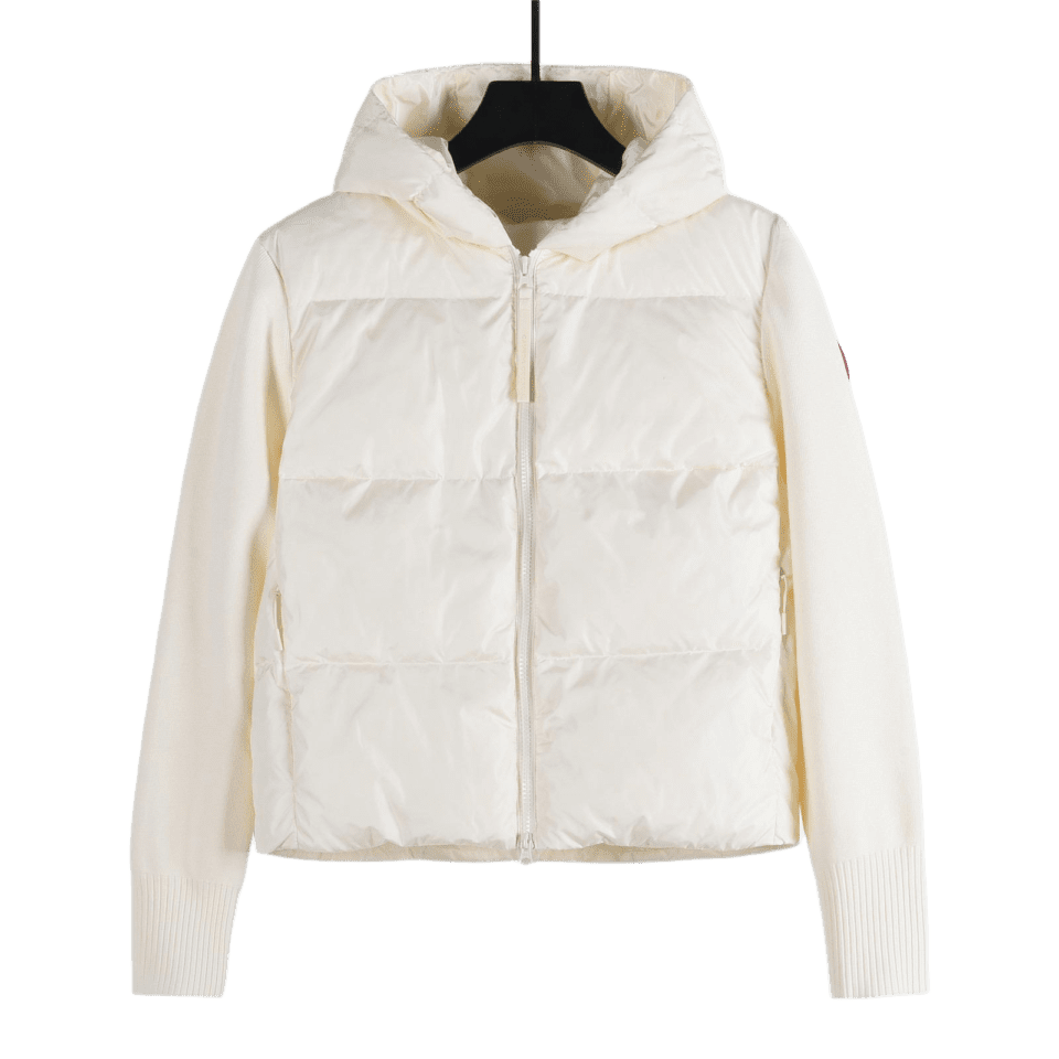 Moncler hoodie jacket white nylon padded front knit sleeves wool blend winter coat