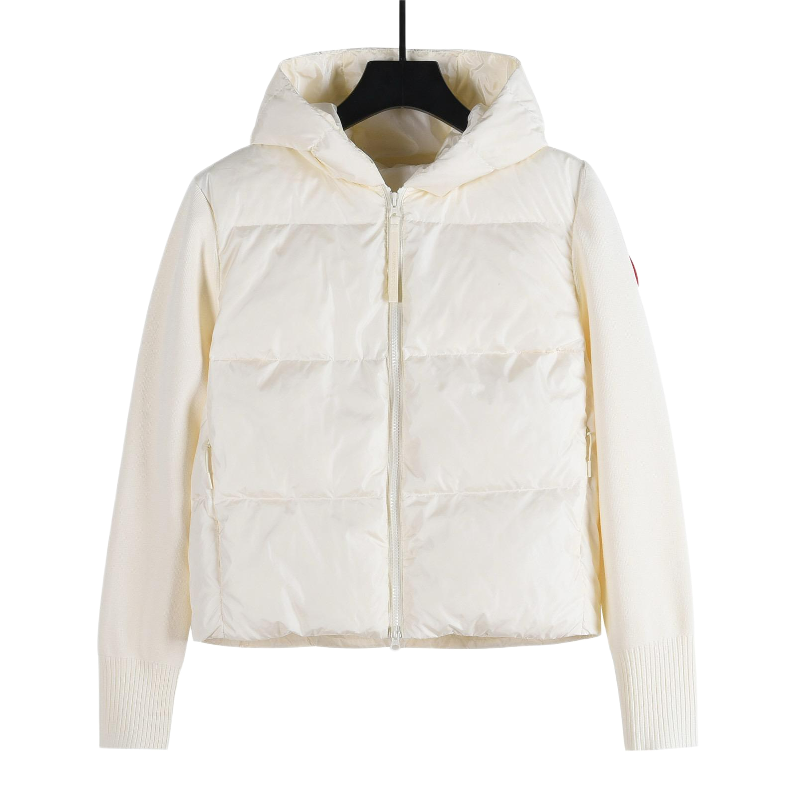 Canada Goose Pike jacket, cream padded design with hood and ribbed cuffs, showcasing premium winter apparel features.