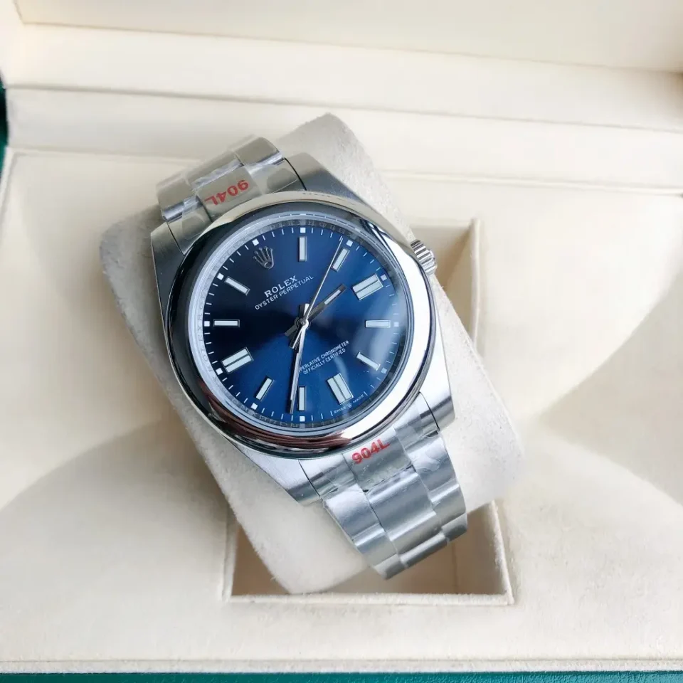 Rolex Oyster Perpetual blue dial polished stainless steel bezel stainless steel watch