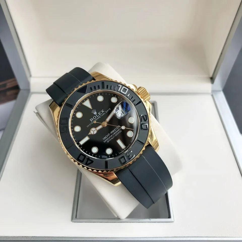 Rolex Yacht-Master black dial ceramic bezel yellow gold watch with black rubber strap