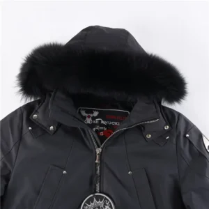 Moose Knuckles jacket black down filled nylon with black fur trim hood winter coat
